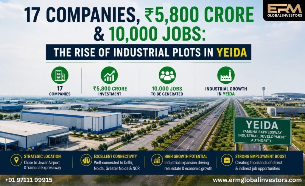 Aerial view of industrial plots in YEIDA near Yamuna Expressway showing warehouses, highways, and investment growth with ₹5,800 crore and 10,000 jobs highlight.