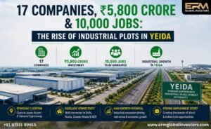 Aerial view of industrial plots in YEIDA near Yamuna Expressway showing warehouses, highways, and investment growth with ₹5,800 crore and 10,000 jobs highlight.